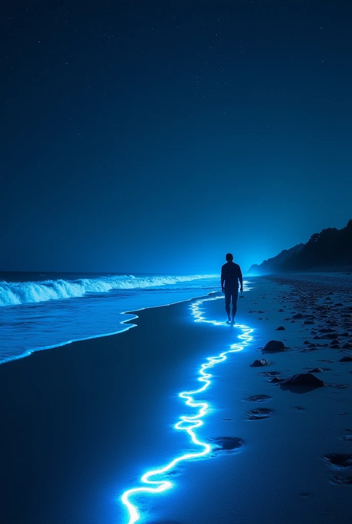 "A nighttime beach scene with vibrant, glowing blue waves crashing onto the shore. A silhouette of a person walks along the beach, leaving a trail of glowing footprints. Above, a faint, starry sky adds to the mystical atmosphere. The overall design is dark and atmospheric, with the glowing elements standing out, creating a sense of mystery and wonder."