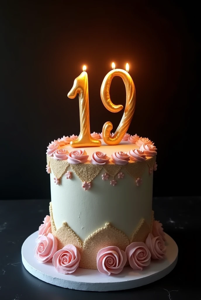 A realistic picture of birthday cake ( with beautiful and elegant decorations for 19 year old),on top of it long wavy candles for my Instagram story, the background black wall, the lights are of and there is a flashlight,