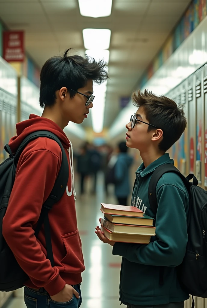 A bully boy becomes romantically interested in a nerdy boy, So he corners him against the lockers to get his attention.