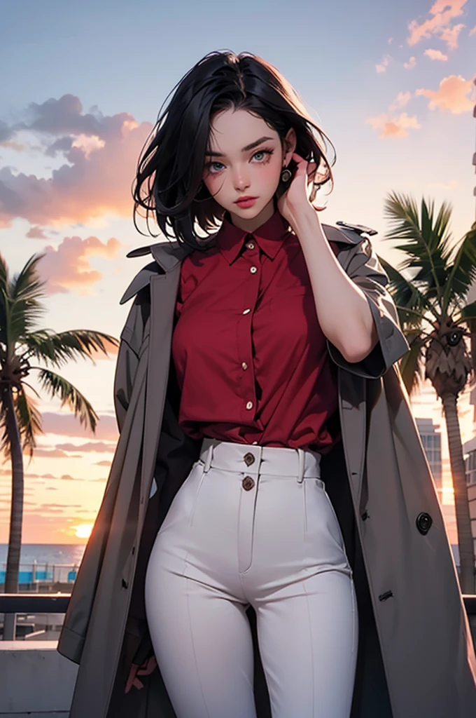 retro girl, short black hair, covering eyes, heterochromia eyes, pale skin, serious, black trench coat top, red dress shirt (top two buttons undone), stright dress pants, Miami, sunset, palm tree, windy,