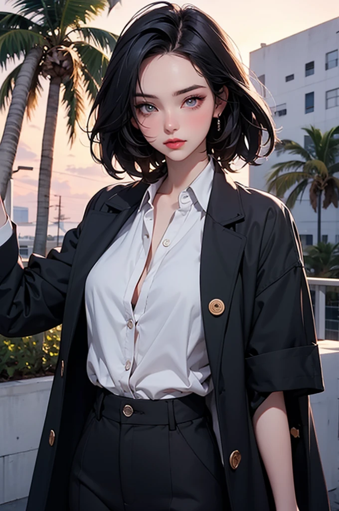 retro girl, short black hair, covering eyes, heterochromia eyes, pale skin, serious, black trench coat top, red dress shirt (top two buttons undone), stright dress pants, Miami, sunset, palm tree, windy,