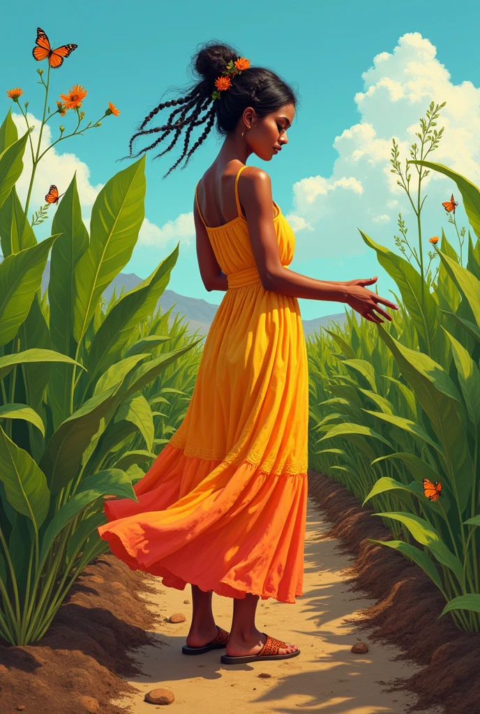 Create the image of a modern woman among pulque magueys, Planting more magueys, that sees itself as a creator of knowledge