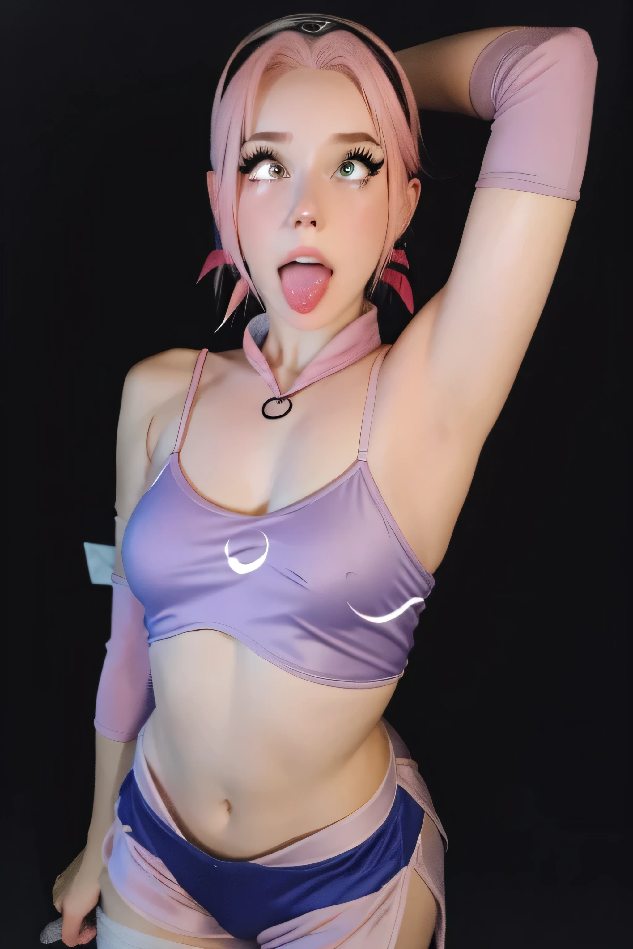 1 girl, standing, beautiful Sakura Haruno,18 years old, Cups, arm warmers, shorts,big chest, small hips, big ass, medium breasts,capture anime screen, 18 years old, mature appearance,pink hair,forehead protector,armpits,sweat,sweaty,sweaty armpits,arms up,showing armpits,awesome armpits,blue outfit, whitish arm warmers, arm bands,whitish arm warmers, skin,red coloured outfit