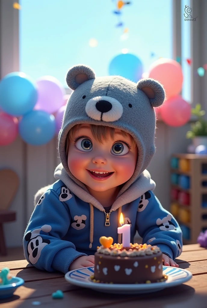 baby boy. He has light skin, short dark blond hair with bangs. Dark Blue eyes. He is smiling brightly. he is wearing a gray hat with bear face. He is wearing a blue hoodie with in mickey mouse aesthetics. Character should be colorful and have a fun, friendly look, with exaggerated, expressive features. Big expressive eyes, he is celebrating his firstbirthday, he has a beautiful cake with 1 year candle. Pixar style