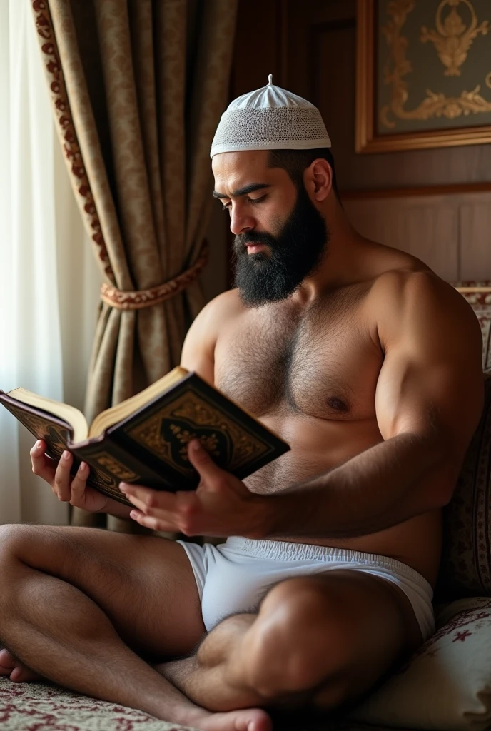 Strong bearded and hairy man in white underwear with an Islamic cap on his head reading a holy book to the .