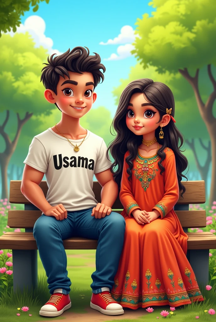 Make realistic graphics cartoon image to creat boy and girl sitting on park boy look like bodybuilder boy wearing t shirt and type usama in shirt and girl wearing pakistani dress type vanessa in dress