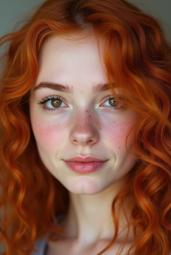 I want a young adult redhead with curly hair and three moles, one in the mouth, one on the cheek and the other near the ear. She is white and has pink cheeks and a pink nose.. His eyes are thin and have hazel pupils.. Her eyebrows are filled in and accentuate her thin, lean face.. Your nose is straight and downward. Her eyelashes are long and her mouth is full and very well articulated.. With a cupid&#39;s bow and the lower part larger than the upper part. Ela tem cabelos longos.