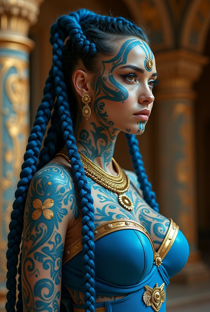A striking and powerful image of a futuristic warrior princess adorned with intricate blue and gold facial and body tattoos. Her hair is styled in elaborate braids, accented with golden accessories that add to her regal appearance. Wearing form-fitting, ornate blue armor that accentuates her physique, she exudes beauty and strength. With her intense gaze and striking blue lipstick, she radiates a captivating presence. The background features regal and ancient decor, juxtaposed with her modern, sci-fi appearance. This blend of past and future aesthetics creates an otherworldly atmosphere. The artist's mastery is evident in the high-quality 8K resolution and dramatic lighting, which captures the essence of this enchanting character.