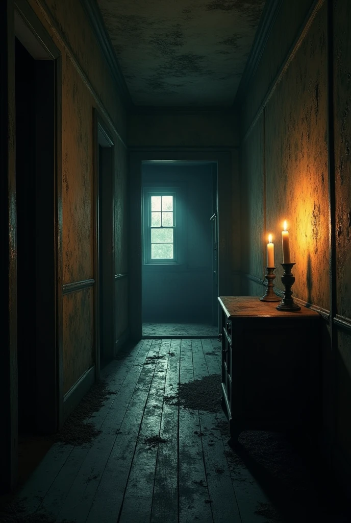 It creates the image of a house with old furniture and extremely dark lighting with little lighting from a couple of candles and the atmosphere feels heavy., It is the hallway in which you see an open door where you can see a dark room only dimly lit by the moonlight and at the end of the hallway you can see a dark and old kitchen dimly lit by a candle causing a spooky atmosphere.