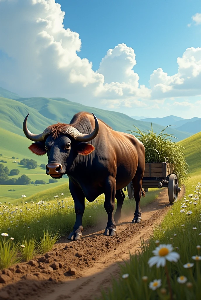 The buffalo plows the field and pulls the cart on the hill.