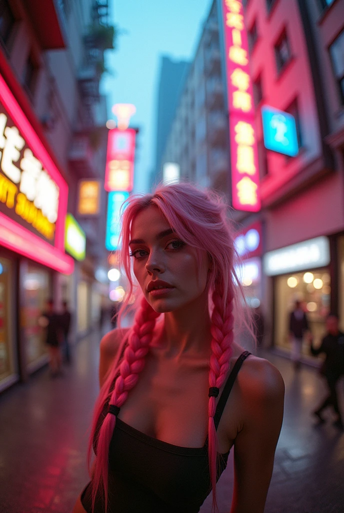(Realisttic:1.2), Analog photography style, beautiful woman, Posing, long pink braided hair, (cyberpunk dark fantasy atmosphere), Soft natural light, cute and sexy, great quality, masterpiece, detailed strange background, Best Performance, 16k quality, raw photo, in a street, cyberpunk street, fish eye shot