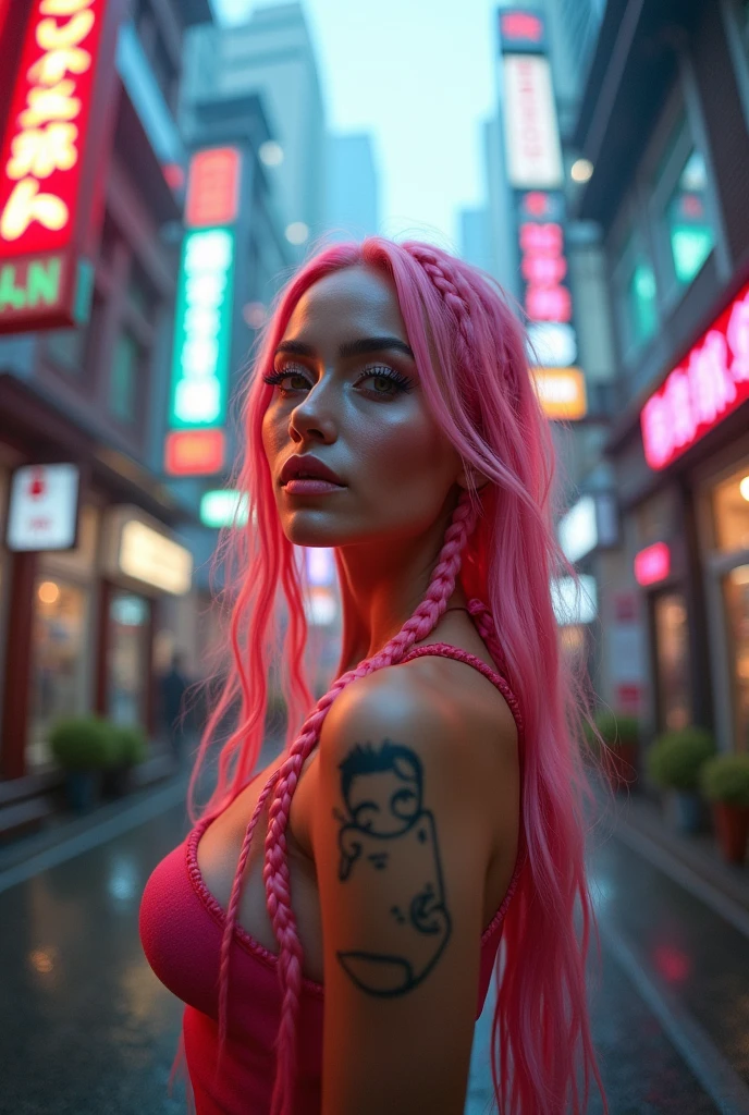 (Realisttic:1.2), Analog photography style, beautiful woman, Posing, long pink braided hair, (cyberpunk dark fantasy atmosphere), Soft natural light, cute and sexy, great quality, masterpiece, detailed strange background, Best Performance, 16k quality, raw photo, in a street, cyberpunk street, fish eye shot