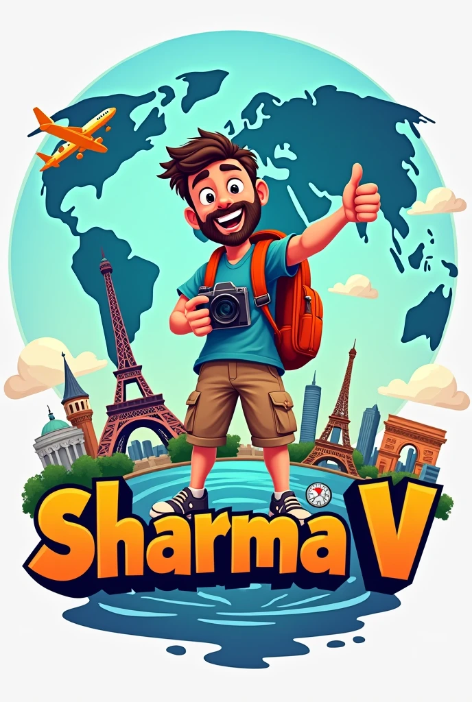 make a YouTube channel Sharma v logo with exploring world  with a man 