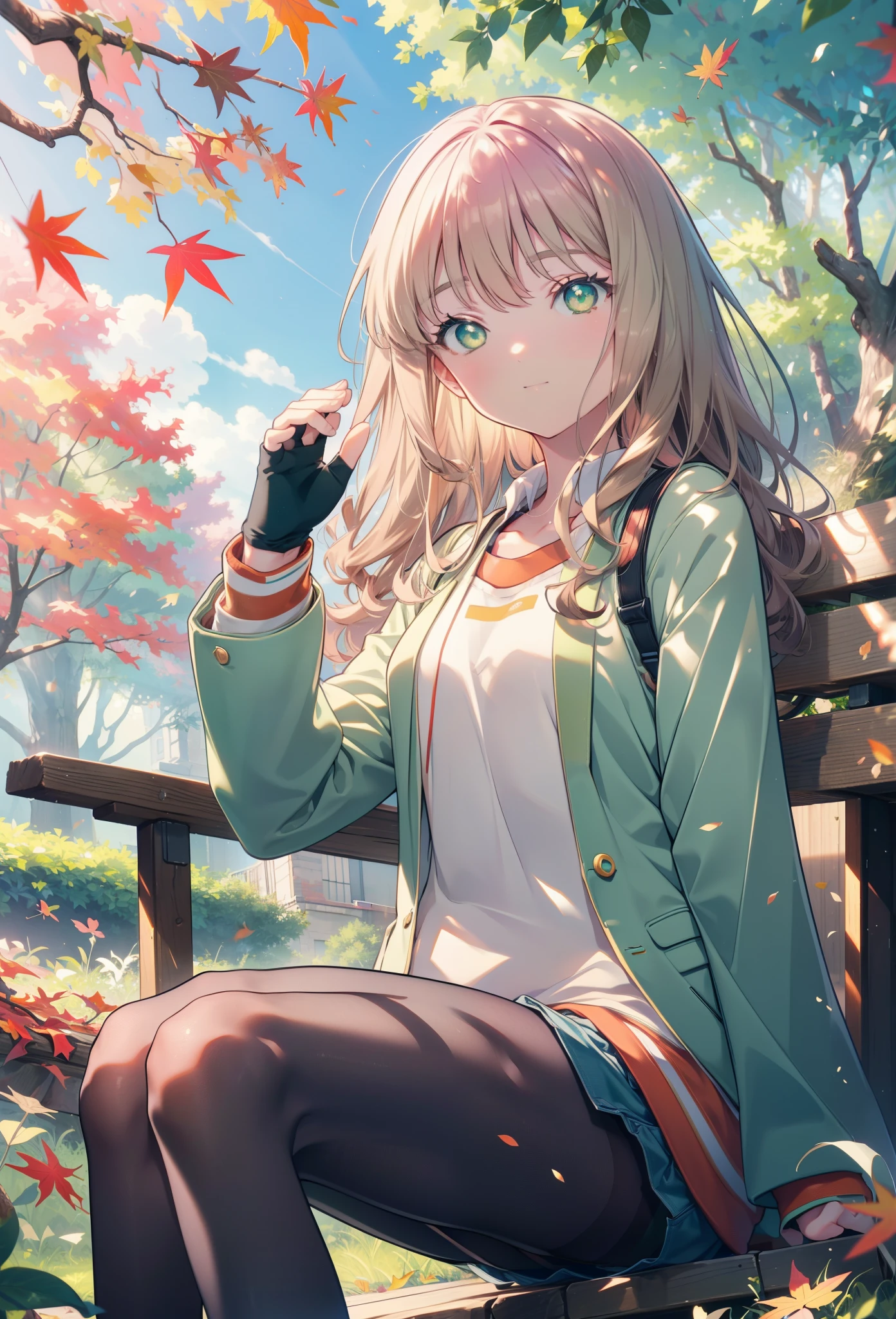 minami yume ,sss Dynazenon ,Long Hair,hair band, Brown Hair, smile,blush,(Green Eyes:1.5) ,Blue v-neck sweater,Shorts,Black pantyhose,short boots,Walking,whole bodyがイラストに入るように,autumn leaves,autumn leavesが散っている,autumn leavesが積もっている,Sitting on a bench,
break looking at viewer, whole body,
break outdoors, garden,
break (masterpiece:1.2), Highest quality, High resolution, unity 8k wallpaper, (shape:0.8), (Beautiful and beautiful eyes:1.6), Highly detailed face, Perfect lighting, Extremely detailed CG, (Perfect hands, Perfect Anatomy),