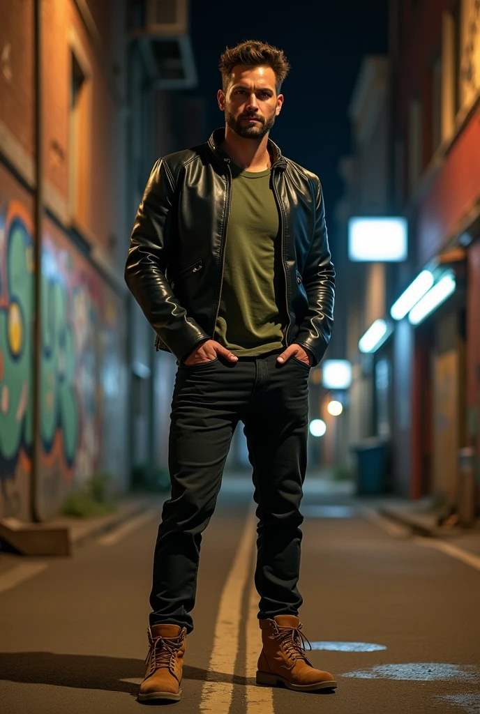 A man in a leather jacket, underneath a military green t-shirt and wearing black pants and camel-colored boots