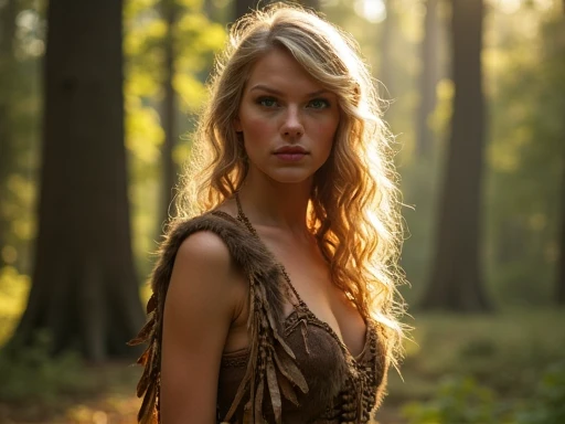 Taylor Swift, detailed blonde curly hair, Native American Indian outfit, 1600s, animal fur, straps outfit, exterior woods, animal skin clothing, soft lighting, tan skin, hourglass figure, supermodel, gorgeous woman, incredibly sexy, pretty woman, adult woman, athletic build, blue eyes