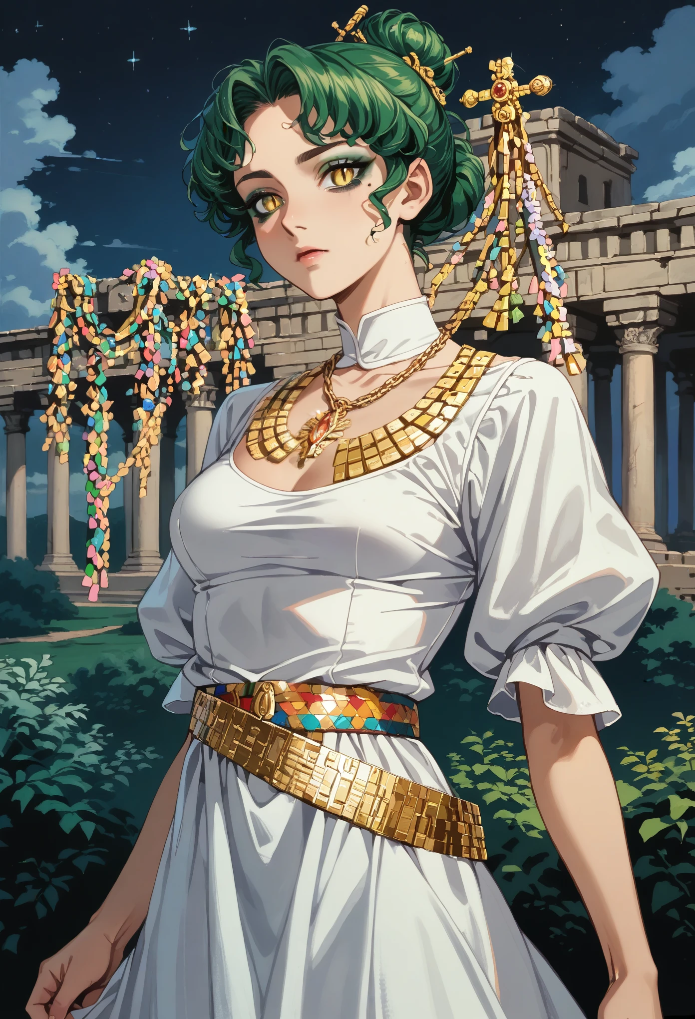 Anime, High-resolution illustrations, unrivaled masterpiece, ultra-realistic 8k CG, perfect artwork, (fidelity: 1.5), ((night)), cloudy, Very beautiful girl, (((solo))), (single traditional bun), silky green hair, sparkling emerald eyes, (slit pupils:1.3), huge, (well proportioned curves), natural makeup, Medium breasts:1.2, (Compressed chest:1.3), (( flowing, white dress that is loosely draped over her body. The dress is secured with golden accessories, including a decorative belt or chain around her waist and a strap across her shoulder)), necklace, character in the middle, standing, ancient place with greenary, prideful

