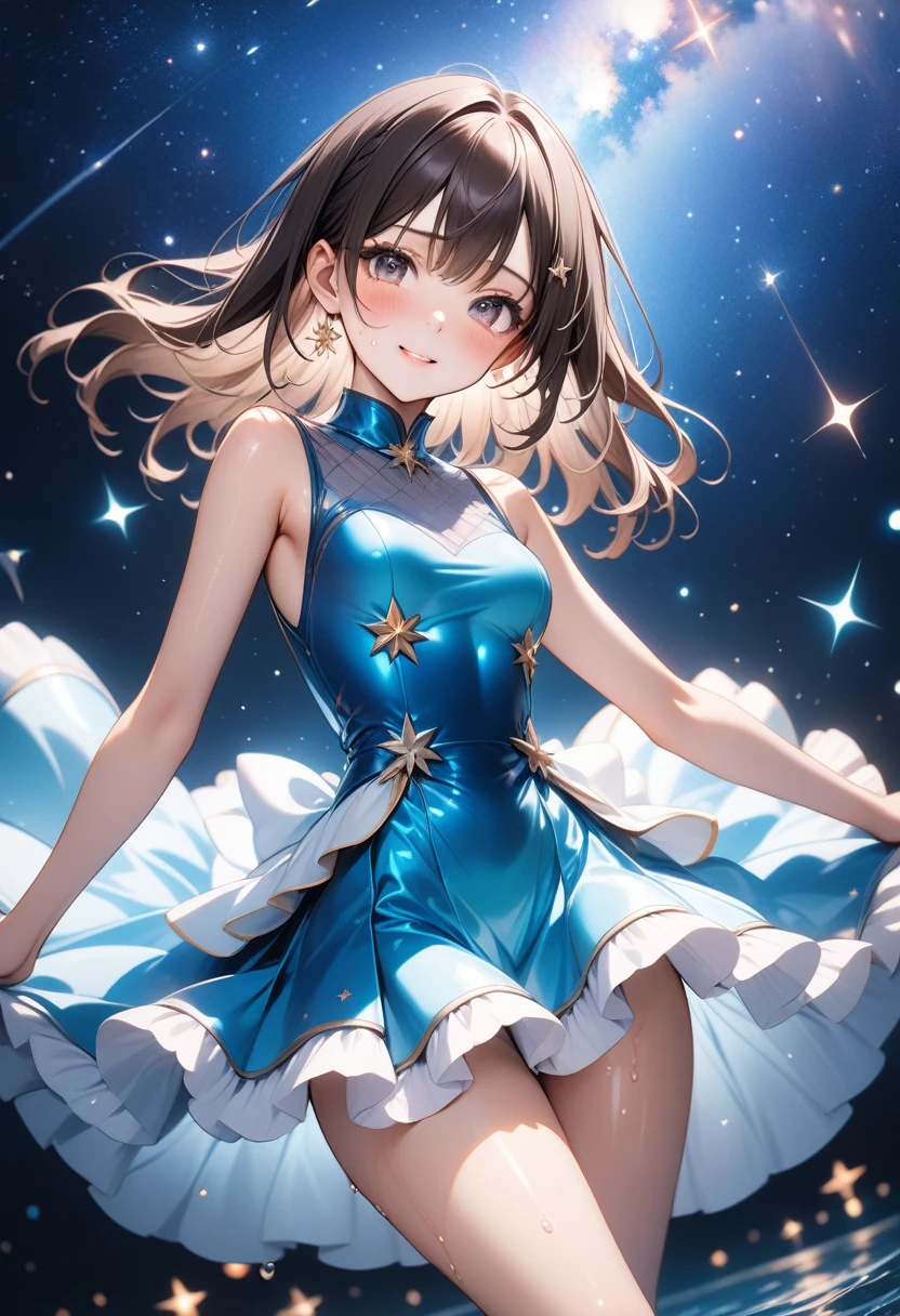 (((Costume inspired by the sea of ​​stars, skirt))), ((Shiny Costumes)), ((skindentation)), skinny, solo, 1 woman, Masterpiece, highest quality, highest quality, 16K, incredibly absurd, highly detailed, 2.5D, ai-generated, delicate and dynamic, very delicate facial expressions, delicate eye depiction, erotic, only sexy woman, ((A cute and kind face)), healthy figure, ((25-year-old woman)), 160cm tall, medium firm swaying bust, Dark Hair, blush, Sweat,Embarrassed,sexy, ((thin thighs)), shiny and lustrous, facing straight at viewer, (((in heat))), ((Oily_skin)), ((Lots of sweat)), (((Brown Skin))), ((dutch angle)), ((erotic pose)), (((Dynamic Pose))), ((Starry Sky)),