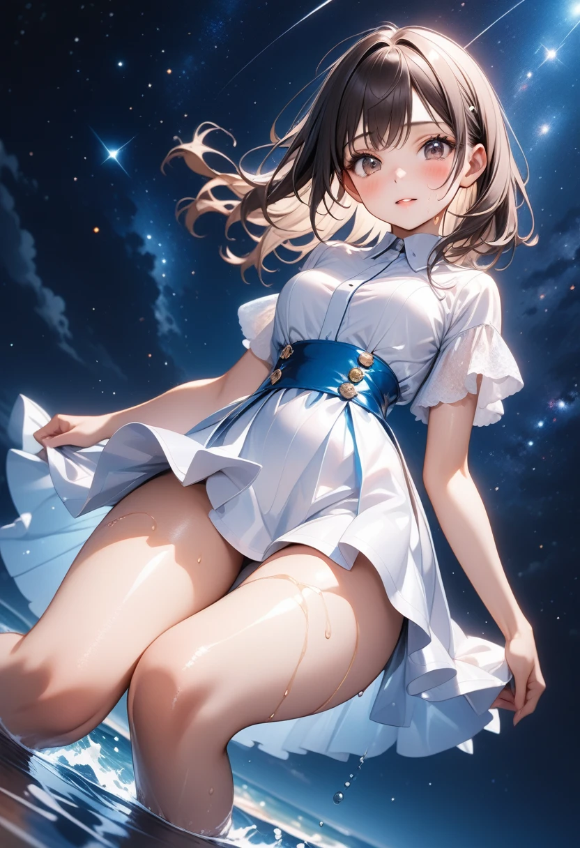 (((Costume inspired by the sea of stars, skirt))), ((Shiny Costumes)), ((skindentation)), skinny, solo, 1 woman, Masterpiece, highest quality, highest quality, 16K, incredibly absurd, highly detailed, 2.5D, ai-generated, delicate and dynamic, very delicate facial expressions, delicate eye depiction, erotic, only sexy woman, ((A cute and kind face)), healthy figure, ((25-year-old woman)), 160cm tall, medium firm swaying bust, Dark Hair, blush, Sweat,Embarrassed,sexy, ((thin thighs)), shiny and lustrous, facing straight at viewer, (((in heat))), ((Oily_skin)), ((Lots of sweat)), (((Brown Skin))), ((dutch angle)), ((erotic pose)), (((Dynamic Pose))), ((Starry Sky)),