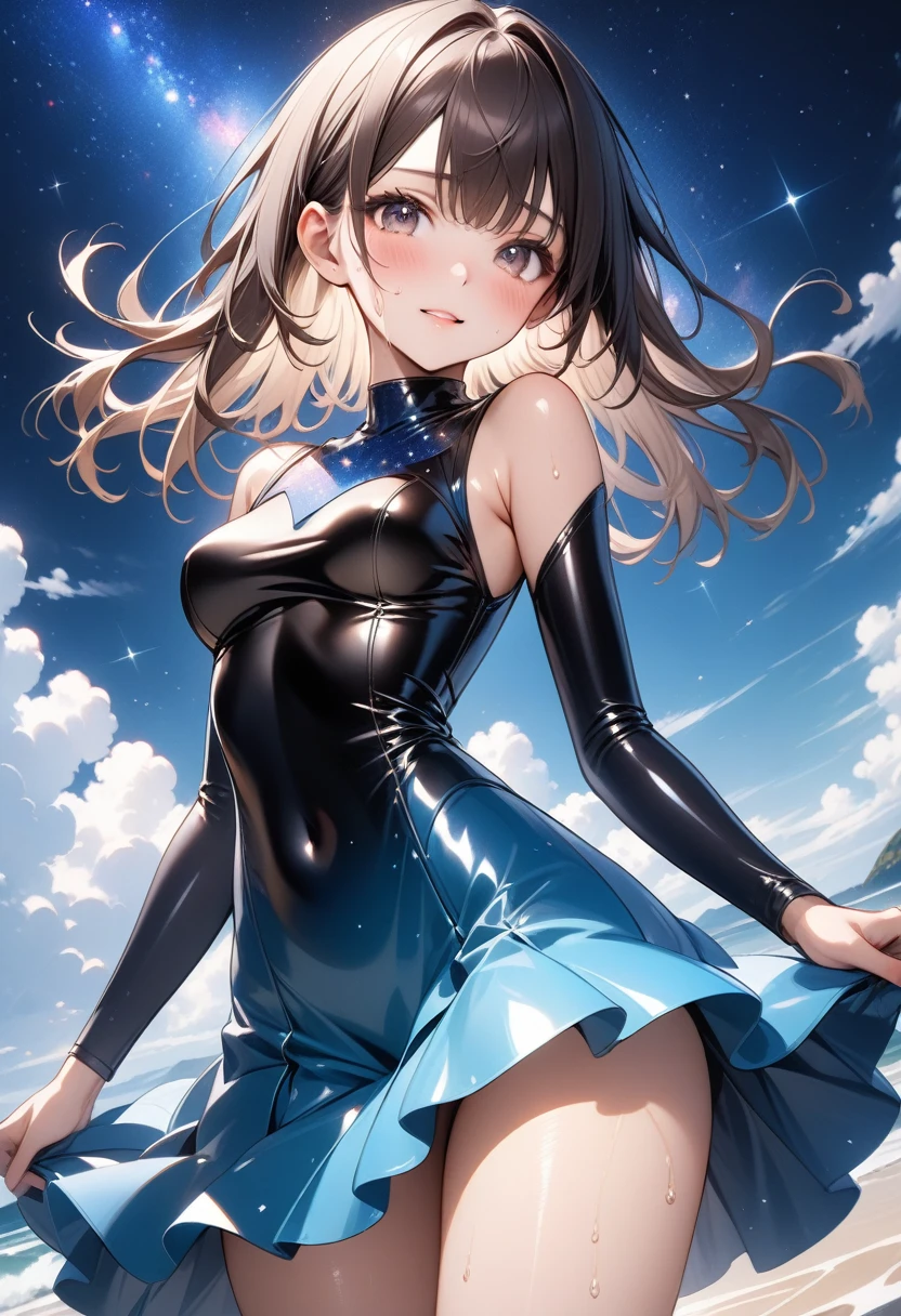(((Costume inspired by the sea of ​​stars, skirt))), ((Shiny Costumes)), ((skindentation)), skinny, solo, 1 woman, Masterpiece, highest quality, highest quality, 16K, incredibly absurd, highly detailed, 2.5D, ai-generated, delicate and dynamic, very delicate facial expressions, delicate eye depiction, erotic, only sexy woman, ((A cute and kind face)), healthy figure, ((25-year-old woman)), 160cm tall, medium firm swaying bust, Dark Hair, blush, Sweat,Embarrassed,sexy, ((thin thighs)), shiny and lustrous, facing straight at viewer, (((in heat))), ((Oily_skin)), ((Lots of sweat)), (((Brown Skin))), ((dutch angle)), ((erotic pose)), (((Dynamic Pose))), ((Starry Sky)),