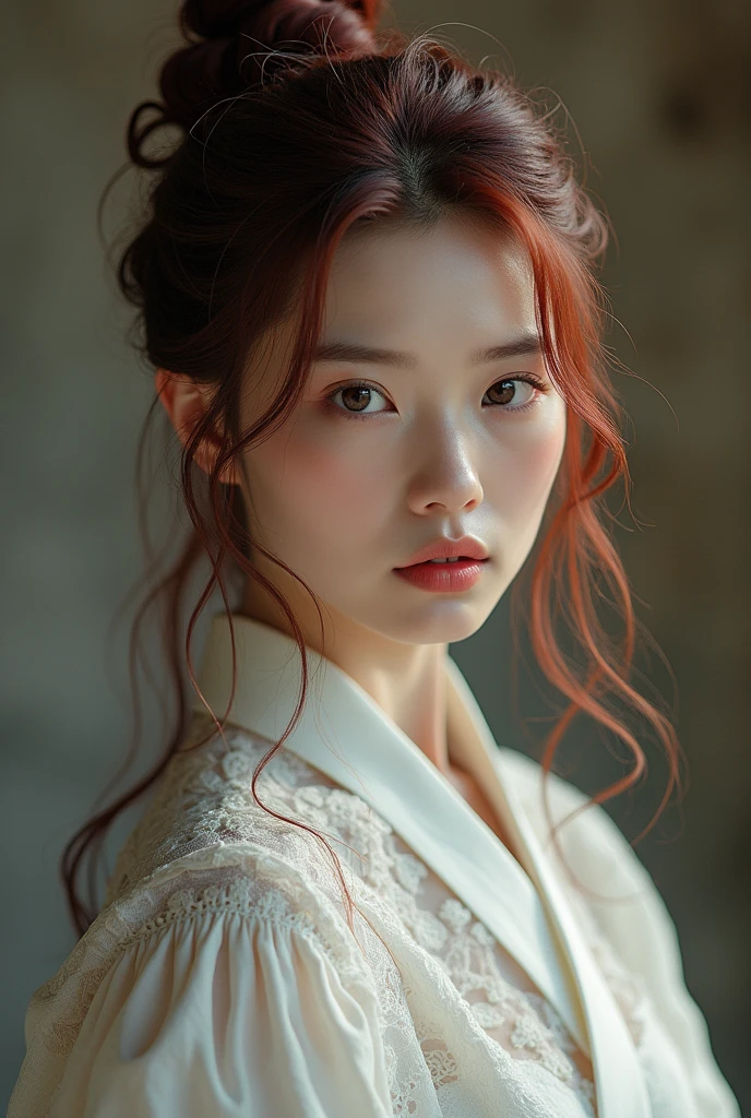 Best image quality, masterpiece level, ultra-high resolution, realism, fantasy theme, weapons, facial details, a woman in 20's, single, hair bun, fairy tale theme, upper body, get detailed outdoor lighting and movie lighting, increase detailed overall ambient light, face and eye details, improve the realism of body details, clearly express sharp focus, expressionless, white clothes, burgundy hair, bright eyes, simple background.