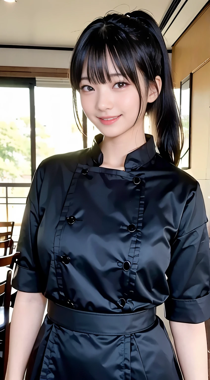 (Highest quality,masterpiece:1.3,Ultra-high resolution,),(Very detailed,Caustics),(Realistic:1.4,RAW shooting,)Ultra-Realistic Capture,Very detailed,High resolution 16K human skin closeup。 Natural skin texture、,pores、、、、It must be detailed enough to be easily identifiable。 Skin tone is even and healthy looking。 Use natural light and color,restaurant,Waitress Uniform,1 person,Japanese,18-year-old,cute,Black-haired,ponytail,Big Breasts,smile,Turn your body forward,(Front view:1.1),Looking into the camera,Cowboy Shot,