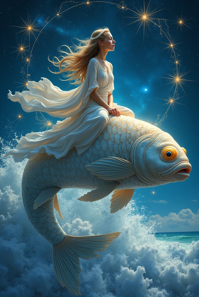 Art themed around the twelve zodiac signs、There are 12 characters based on constellations.。In the center, Virgo riding on Pisces is holding a water jar and pouring water into the sea.。Other constellations also appear on screen。