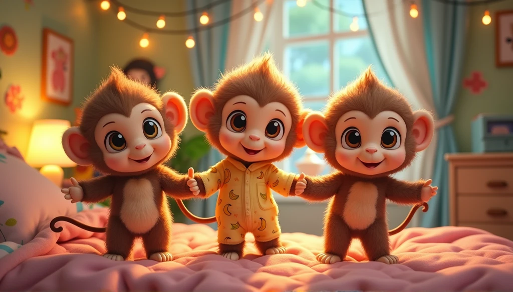 3 fluffy little monkeys, smile, Big eyes, Wear pajamas, Stand on the bed., Children's room, Snes drawing