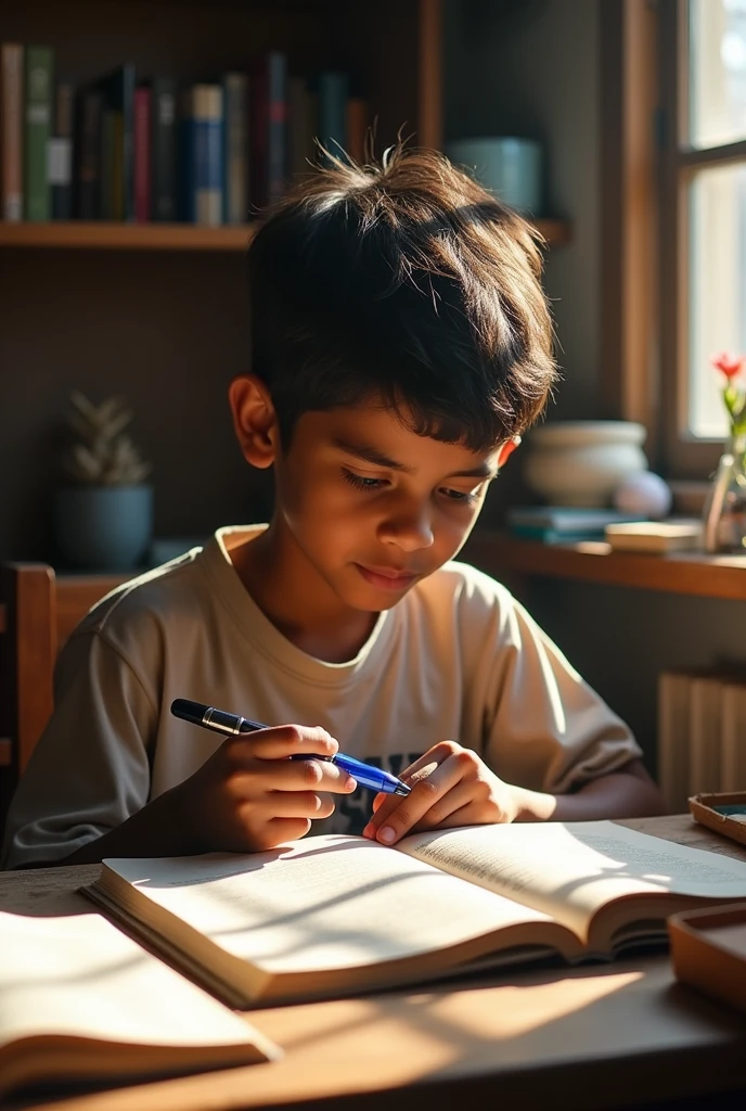 One Indian 13 years aged boy is changing the refill in a pen