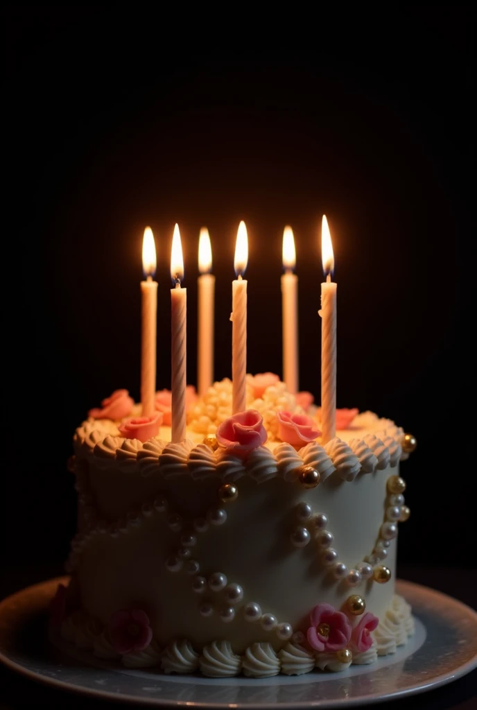 A realistic picture of  birthday cake ( with beautiful and elegant decorations),on top of it long straight candles for my Instagram story, the background black wall, the lights are of and there is a flashlight, 