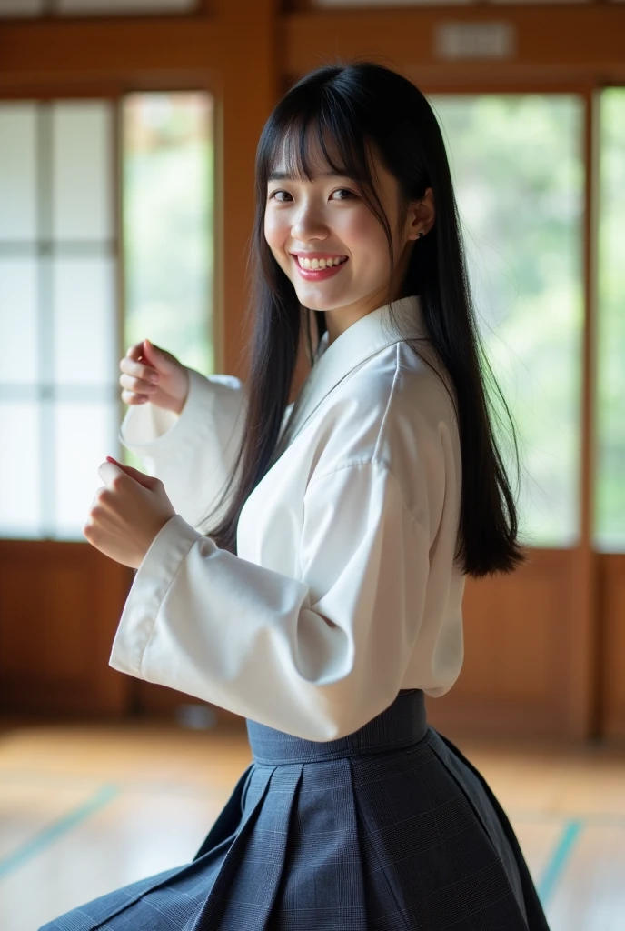 A smiling Japanese high school girl with straight black hair is practicing kung fu. It's like a photo.。
The uniform is a white shirt。
The skirt is navy blue。Gray checkered pattern with black overall。
Skirt length is shorter than above the knee。
The length of the hair is very long。
The bangs are neatly trimmed and cover the eyebrows.。
Nogizaka46-ish. Seen from the right. Height 180cm.。 Model-like. Both of their faces are visible, so it's almost like a photograph.