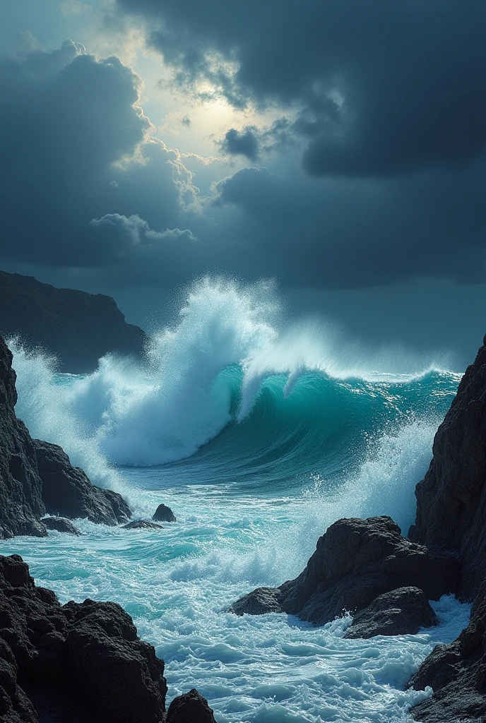 the image inspired by the poem "Gabu" by Carlos Angeles. It portrays the turbulent sea, crashing waves, and dark, stormy sky, reflecting the poem's themes of nature's power and the transient nature of life.