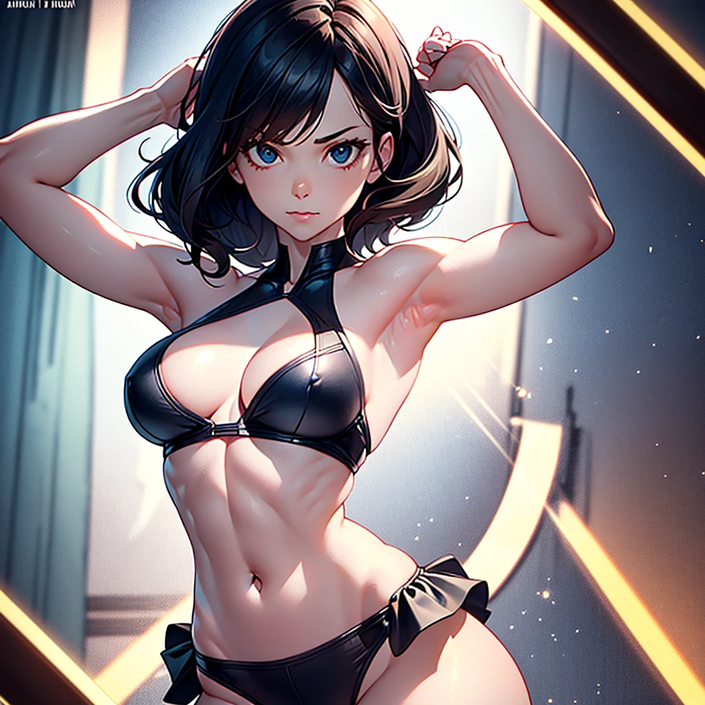 Gwen Poole, unclothed, with both arms raised showing the armpits, emphasizing the armpits, abdomen, Arms and their muscles and that her clothes cling to her body, I am only a translate agent