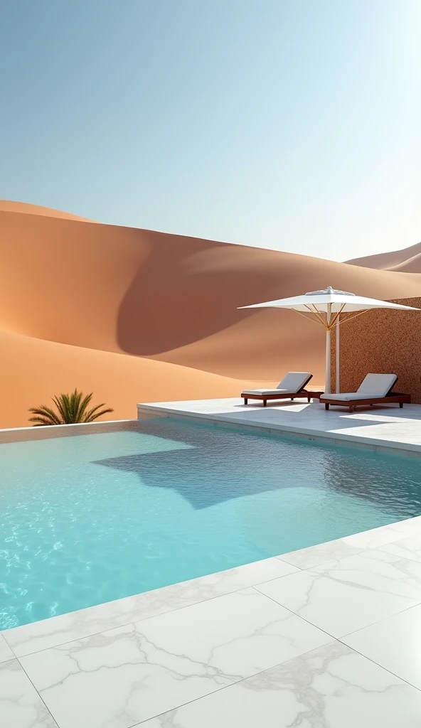 A chic, minimalist swimming pool in a desert landscape, with sleek, white marble tiles and a view of towering sand dunes. The pool is a tranquil oasis, with a few modern lounge chairs providing a place to relax in the shade.