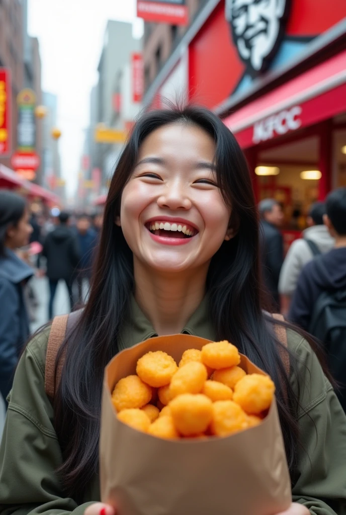 A Chinese female student is laughing while holding a bag of KFC chicken nuggets,Bustling streets,There is a clear KFC sign in the background