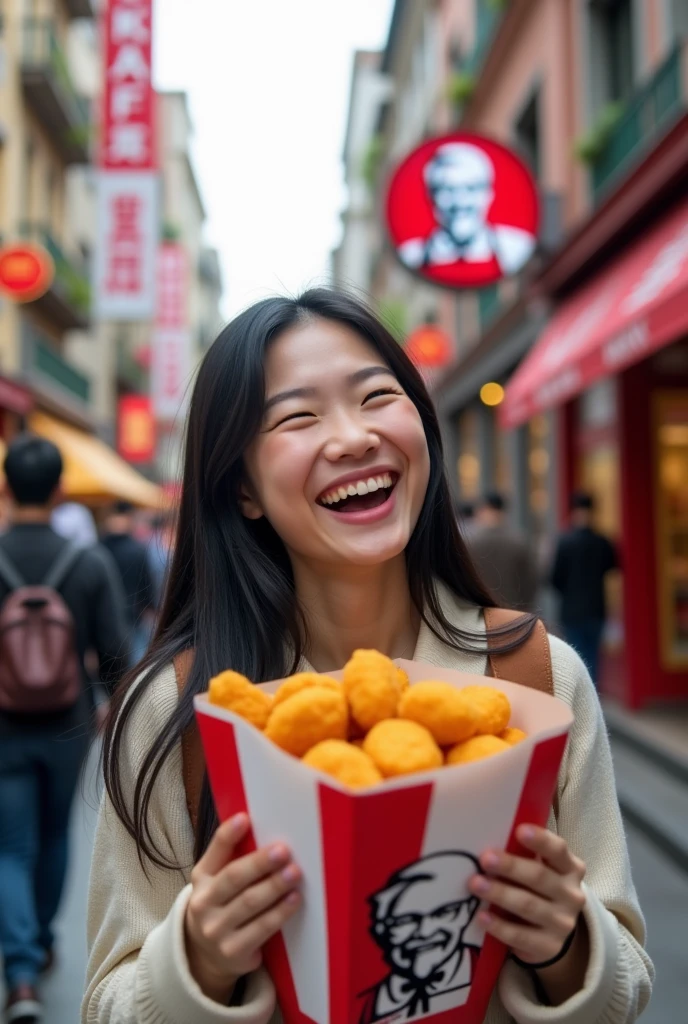A Chinese female student is laughing while holding a bag of KFC chicken nuggets,Bustling streets,There is a clear KFC sign in the background