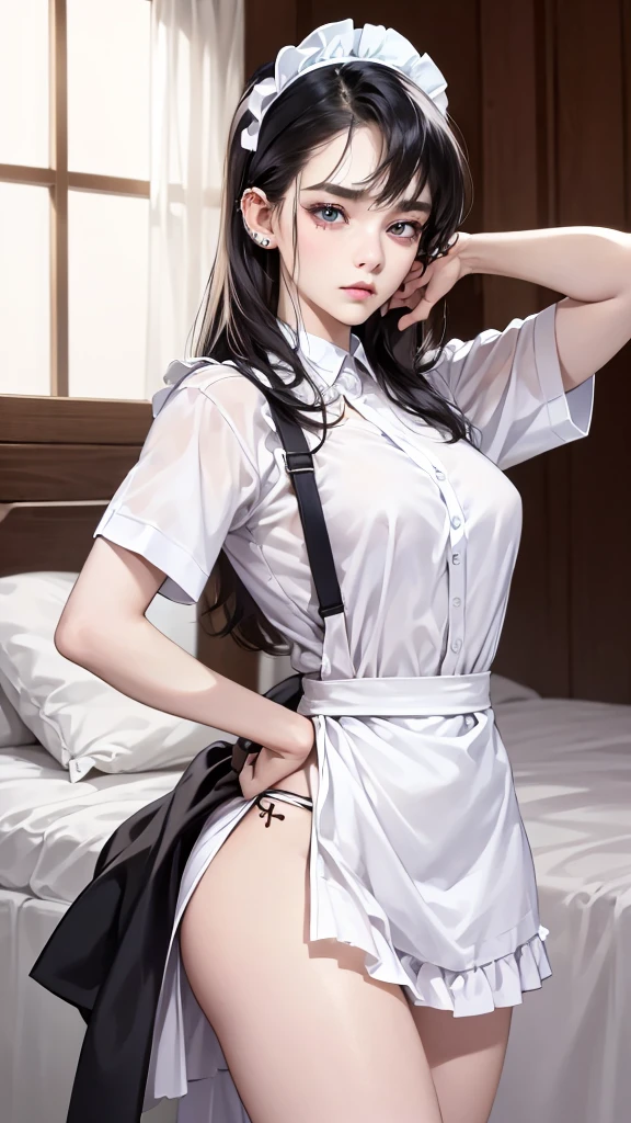 (perfect anatomy:1.2),masterpiece,best quality,high resolution,8k,Realistic skin texture,magnified textures,19 years old,black hair,middium hair,(pale skin:1.4), (piercing eyes:1.5),(slim body),beautiful face, (:1.4),small ass,(cute f;1.2),(1 girl:1.6)school unifo(short sleeve shirt)(worried :1.4),standing,tsundere,(confident pose:1.2),(apron),maid,Looking down on the viewer, thin lips,natural makeup,oblong face,straight nose、Groomed eyebrows,hospital room,cowboy shot,(stern:1.1)Panty shot、Checkei skirt