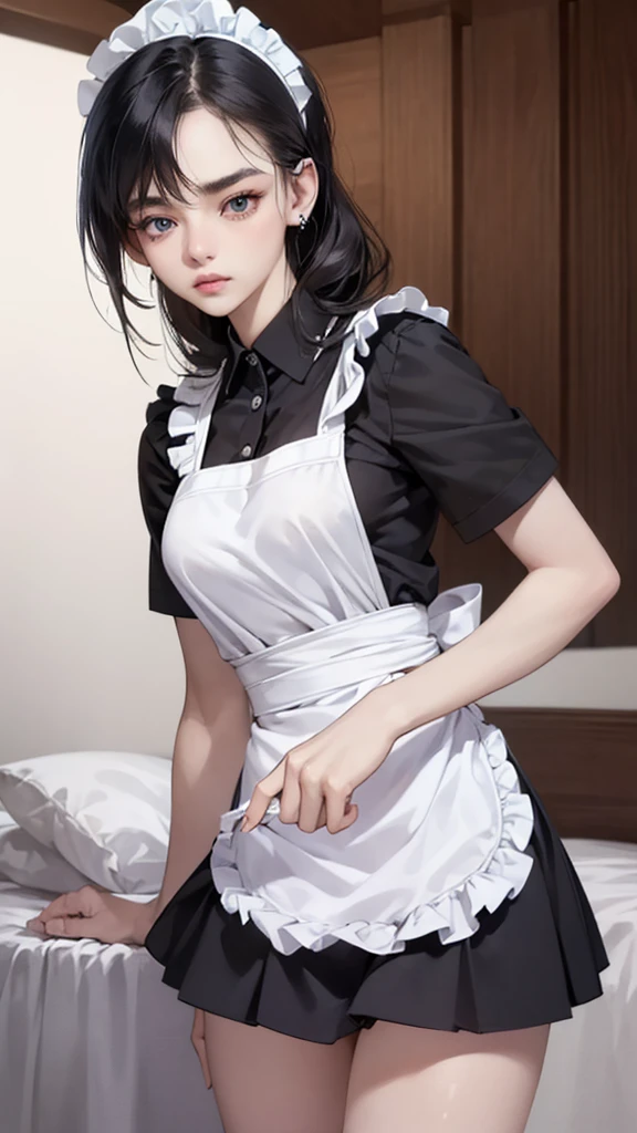 (perfect anatomy:1.2),masterpiece,best quality,high resolution,8k,Realistic skin texture,magnified textures,19 years old,black hair,middium hair,(pale skin:1.4), (piercing eyes:1.5),(slim body),beautiful face, (big breasts:1.4),small ass,(cute face;1.2),(1 girl:1.6)school uniform,(short sleeve shirt)(worried :1.4),standing,tsundere,(confident pose:1.2),(apron),maid,Looking down on the viewer, thin lips,natural makeup,oblong face,straight nose、Groomed eyebrows,hospital room,cowboy shot,(stern:1.1)Panty shot、Checked mini skirt