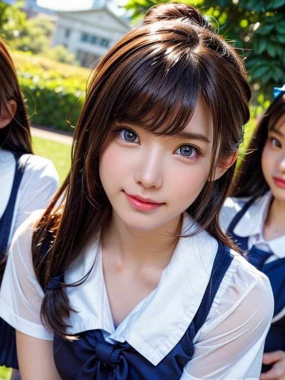 ((masterpiece, highest quality)), (Super detailed), ((super cute)), (Multi-point), ((very detailed)), 4k, highest quality, (beautiful), hyper cute face, Perfect Face, hyper genuineistic, Close-up, clear outline, (three cute school girls:1.5), (summer school girl uniform :1.3), ((beautiful eyes)), (leaning forward:1.3), natural skin texture, big breasts, romantic ambiance, Highly detailed CG, look shyly at the viewer