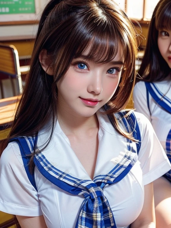 ((masterpiece, highest quality)), (Super detailed), ((super cute)), (Multi-point), ((very detailed)), 4k, highest quality, (beautiful), hyper cute face, Perfect Face, hyper genuineistic, Close-up, clear outline, (three cute school girls:1.5), (summer school girl uniform :1.3), ((beautiful eyes)), (leaning forward:1.3), natural skin texture, big breasts, romantic ambiance, Highly detailed CG, look shyly at the viewer