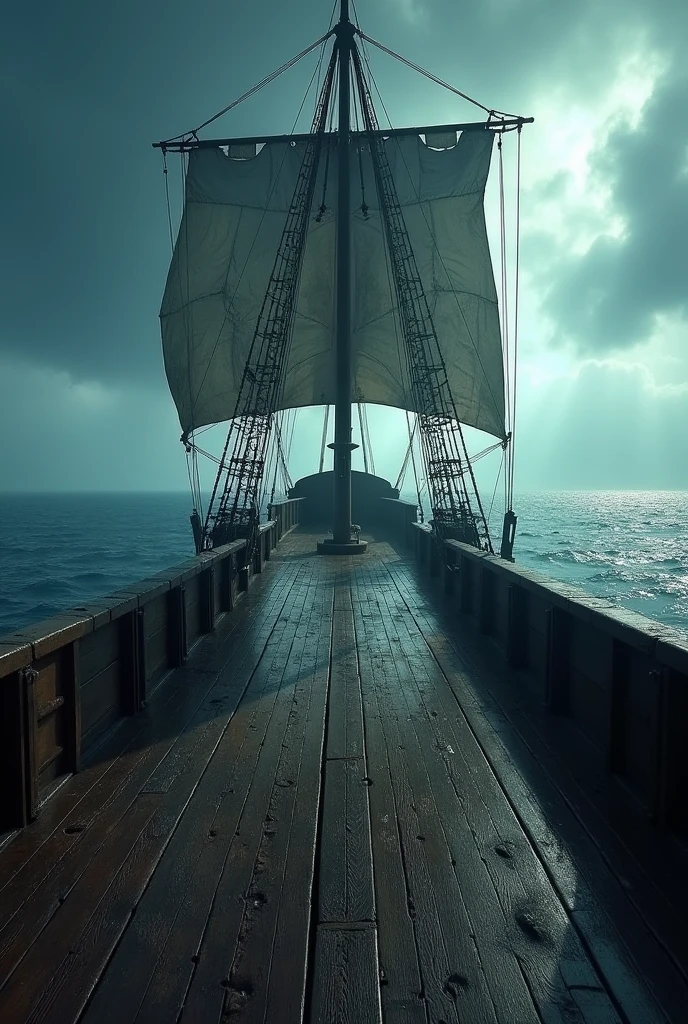 Empty deck of a pirate ship with tattered sails and ocean view in first person more sinister without person just the deck horizontal size