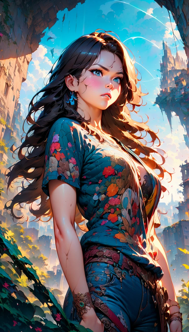 best quality,4k,8k,highres,masterpiece:1.2),ultra-detailed, extremely detailed eyes, extremely detailed body, (large masterpiece digital art), (detailed manga illustration), (detailed line art), ((perfect anatomy)), (intricate details:1.3), (ultra-detailed:1.3), (illustration:1.3), (sharp focus:1.3), (natural lighting:1.05), (vivid colors:1.3), (masterpiece), (best quality:1.4), (perfect anatomy:1.4), high quality, expressive eyes, full body, detailed face, beautiful face, perfect face, (((1boy))), angry, (((male focus))), muscular, detailed messy hair, long hair, brown hair, blue eyes, t-shirt, jean pants, sneakers, cinematic lighting, dramatic atmosphere, Atey Ghailan, Jeremy Mann, Greg Manchess, Antonio Moro, trend in ArtStation, trend in CGSociety, Intricate, High Detail, Sharp focus, dramatic and photorealistic painting art by Midjourney and Greg Rutkowski, Jeff Bridges, ((cartoon style)), Marvel Cinematic Universe style, (((ruined city in the background))),