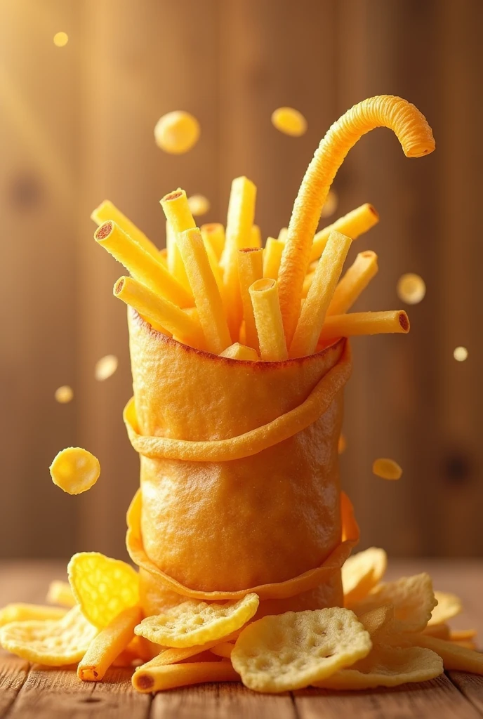 Beautiful Logo design 3D animation : straw made of potato skin along with french fries and potato chips