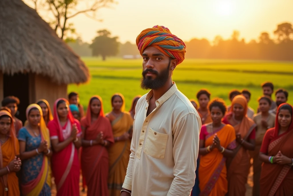 "Create an image of Indian men Aditya returning to his village, sharing his newfound knowledge with a crowd of villagers. The scene should show the villagers applauding and recognizing his bravery."realistic image