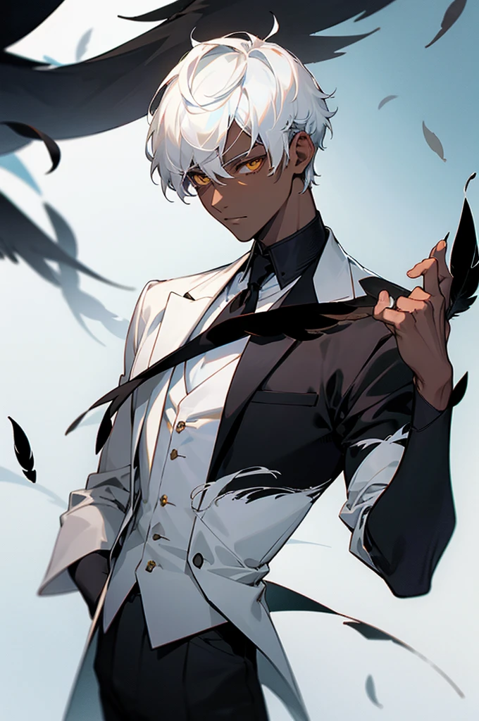 1 boy, dark skin, amber eyes, short hair, white hair, calm look, black suit, elegant clothes, black feathers as a decoration.