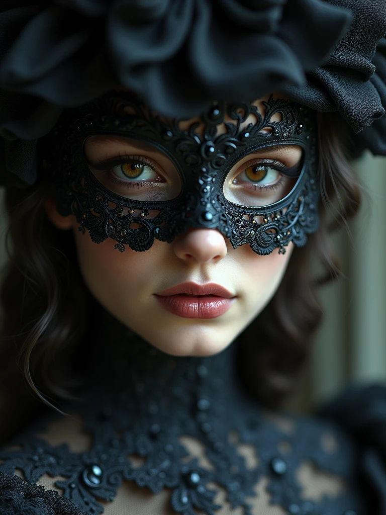 a close up of a woman wearing a mask, dreamy gothic girl, elegant render, half body photo, mistress, photoshop render, ebony rococo, elegant girl, female spy, haunting beautiful young woman, detailed face, extravagant dress, beauty girl, very femenine