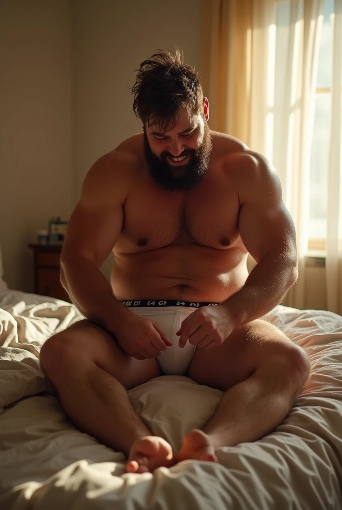 Strong bearded and hairy man in white underwear scratching his genitals.