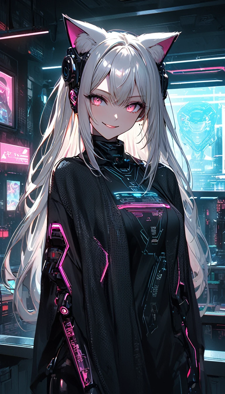 High resolution。Accurate depiction。Real。Film-like grain。Cyberpunk city seen from a large window in a sci-fi room, smile。Hologram sign, A gynoid with extremely long, light-colored hair stands.masterpiece,Cyberpunk black clothes。Shiny black poncho。Machine Eyes。Cat ear。