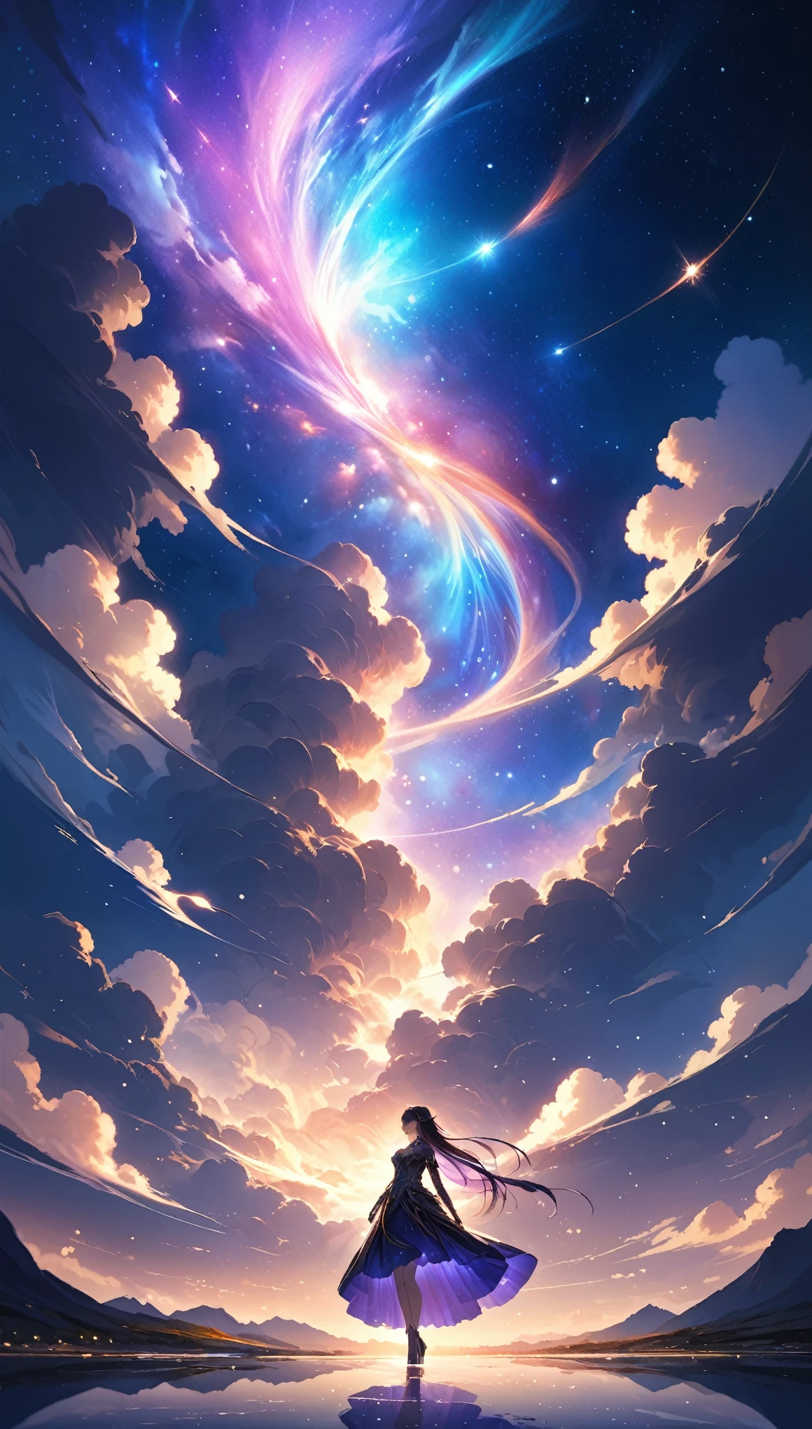 Masterpiece, Best Quality, Ultra-High Definition, Hyper Detailed, Cinematic, Fine Texture, Sky: A breathtakingly beautiful starry sky, filled with countless stars that twinkle and shimmer with ethereal light. The stars are bright and vivid, creating a tapestry of light that stretches across the vastness of space, BREAK, Colors: Deep blues, purples, and soft pinks blend seamlessly together, creating a dreamy and surreal atmosphere. The colors transition smoothly, with subtle gradients that add depth and dimension to the scene, BREAK, Milky Way: The Milky Way is prominently visible, its glowing, nebulous form cutting through the night sky like a river of light, adding a sense of wonder and grandeur to the scene, BREAK, Wispy clouds drift gently across the sky, partially obscuring the stars and adding an element of mystery and tranquility. The clouds are tinged with soft, glowing hues from the starlight, enhancing the dreamlike quality of the image, BREAK, Foreground: Silhouettes of tall mountains or serene landscapes below, their outlines softly illuminated by the starlight. The landscape adds a sense of scale and majesty, making the viewer feel as though they are standing at the edge of the world, gazing up into the infinite cosmos, BREAK, Light and Atmosphere: The atmosphere is calm and serene, with a gentle glow that bathes the entire scene in soft, ambient light. The light from the stars reflects off the landscape, creating a subtle, magical shimmer that enhances the ethereal quality of the scene, BREAK, Mood and Tone: Majestic, Awe-inspiring, Tranquil, Dreamlike, with a sense of infinity and the boundless beauty of the universe.
