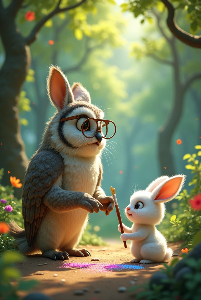 (Professor Paws(owl) hands Benny (rabbit) a sparkly paintbrush)